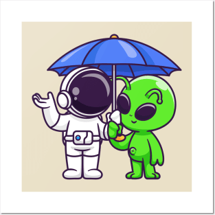 Cute Astronaut And Alien Standing Under Umbrella Cartoon Posters and Art